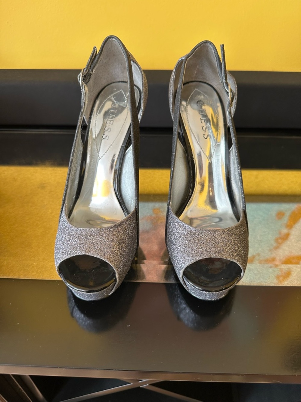 GUESS Metallic Glitter Peep-Toe Slingback Heels